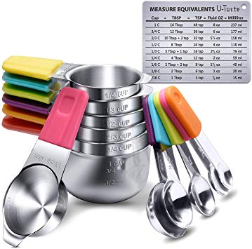Measuring Cups, U-Taste Magnetic Measuring Cups and Spoons Set of 13 in 18/8 Stainless Steel: 7 Measuring Cups and 5 Measuring Spoons with 1 Professional Magnetic Measurement Conversion Chart