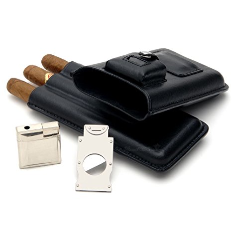 Mantello Leather Cigar Case with Lighter and Cutter