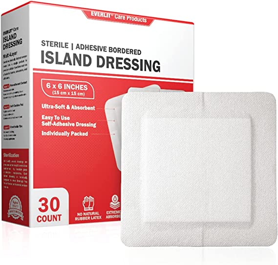 EVERLIT Island Dressing Bordered Gauze | Large Wound Care Bandage with Adhesive Border| Sterile, Soft & Highly Absorbent Medical Grade Dressing Pad (6x6 Inch (Pack of 30))