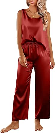 Ekouaer Womens Satin Pajamas Set Back Split Top and Long Pant Silk Pj Set Tank Sleepwear S-XXL