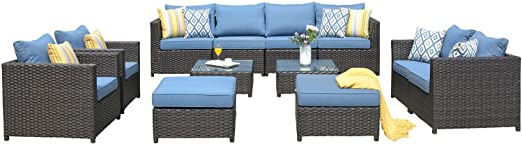 ovios Patio Furniture Set, Big Size Outdoor Furniture 12 Pcs Sets,PE Rattan Wicker sectional with 4 Pillows and 2 Furniture Cover, No Assembly Required,Brown (12 Piece Big Size, Blue)