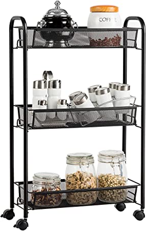 COSTWAY 3-Tier Storage Rolling Trolley Cart, Metal Utility Shelves with Mesh Baskets, Lockable Wheels and Handle, Multi-Purpose Organizer Cart for Kitchen Makeup Bathroom Office