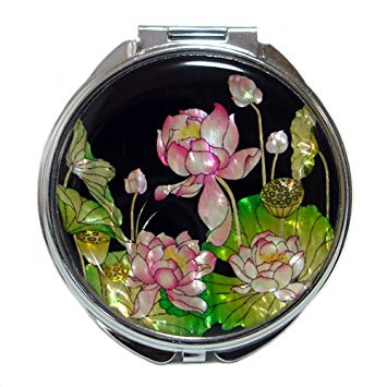 Mother of Pearl Pink Lotus Flower Design Double Magnifying Compact Cosmetic Makeup Hand Mirror, 3.2 Ounce