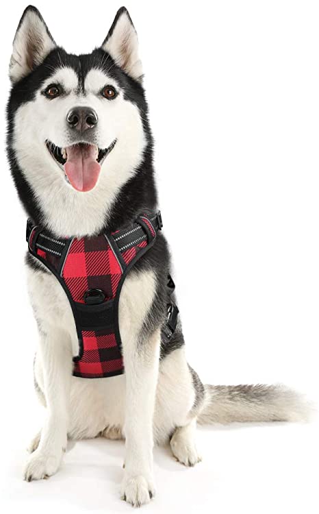 rabbitgoo Dog Harness No Pull, Adjustable Dog Walking Chest Harness with 2 Leash Clips, Comfort Padded Dog Vest Harness with Handle, Reflective Front Body Harness for Large Medium Small Dogs, Plaid