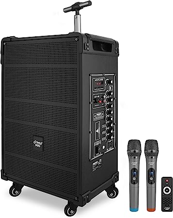 Pyle 12'' Portable Wireless Bluetooth Speaker System - Built-in Rechargeable Battery, Wireless Microphone, USB/Micro SD/FM - 80 Watt - FM Radio with Digital LED Display, PWMA1299A