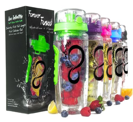 Live Infinitely 32 oz. Infuser Water Bottles - Featuring a Full Length Infusion Rod, Flip Top Lid, Dual Hand Grips & Recipe Ebook Gift