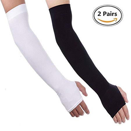 Arm Sleeves, BoChang 2 Pairs Sports Cooling Arm Sleeves Unisex Sun Block UV Protection Cooler Protective Hands Arm Cover Long Sleeve for Outdoor Activities Skin Protection (1 Pair Black, 1 pair White)