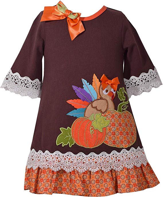 Bonnie Jean Girls Turkey Pumpkin Appliqued Mixed Knit Print Dress