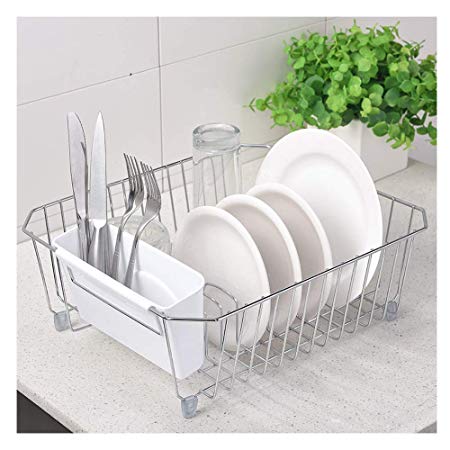 IKEBANA Kitchen In-Sink Chrome Finish Wire Dish Rack, Small Dish Drainer Rack With Removable White Plastic Utensils Holder