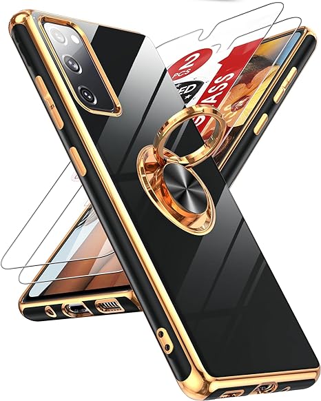 LeYi for Samsung Galaxy S20-FE-5G Case: S20FE/S 20FE Phone Case with Tempered Glass Screen Protector [2 Pack], Ring Holder Magnetic Kickstand, Plating Rose Gold Protective Case for Women Girls, Black