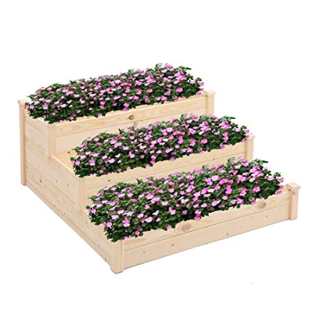 BonusAll 3-Tier 4x4 Feet Outdoor Wooden Elevated Vegetable Garden Bed Planter Kit Grow Gardening - Natural