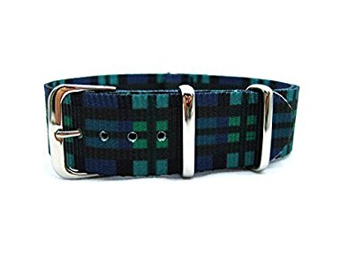 HNS Nato 20mm G10 Double Graphic Green Mix Black Blue Grids Nylon Watch Strap Polished Buckle NT051