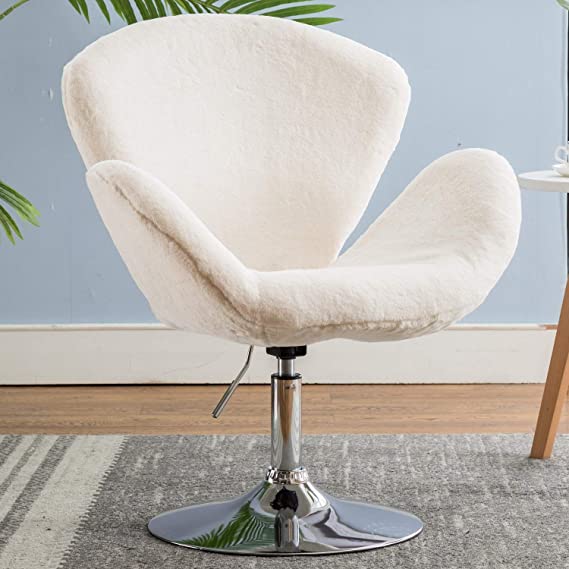 Hi&Yeah Comfy Faux Fur Cute Desk Chair no Wheels, Swivel Height Adjustable Home Office Chair, Accent Chairs for Living Room, Bedroom, Vanity Chair, Plush Microfiber Faux, Ivory