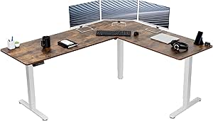 VIVO Electric Height Adjustable 75 x 63 inch Corner Stand Up Desk, Rustic Vintage Brown Table Top, White Frame, L-Shaped Standing Workstation, 3CT Series, DESK-E3CTWN-75