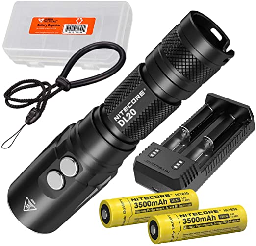 Nitecore DL20 100m Submersible 1000 Lumen Dive Light with Red Light and 2X Premium Rechargeable Batteries, UI2 Charger and LumenTac Battery Organizer