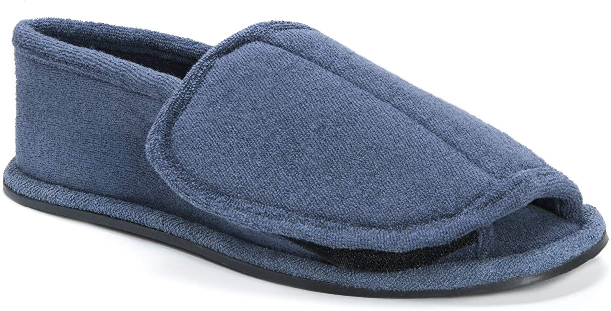 MUK LUKS Men's Terry Adjustable Open Toe Full Foot-Navy Slipper