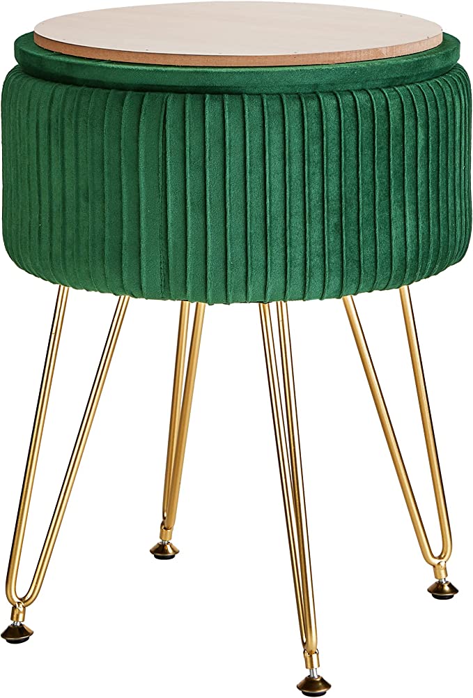 Cuyoca Ottoman Storage Footrest, Velvet Upholstered Round Foot Rest Vanity Stool with Metal Legs, Coffee Table Modern Accent Stools, Makeup Footstool, DarkGreen