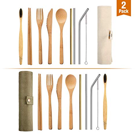 gdy 2 Pack Natural Bamboo Cutlery Set Bamboo Utensil Set 9 Piece Pack of Bamboo Tableware with Reusable Spoon, Fork, Knife, Chopsticks, Bamboo Straw, Toothbrush, Straw Brush For Travel Camping