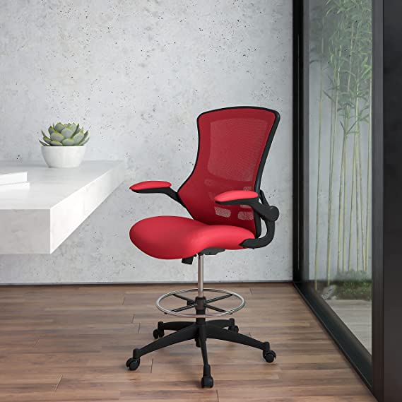 Flash Furniture Mid-Back Red Mesh Ergonomic Drafting Chair with Adjustable Foot Ring and Flip-Up Arms