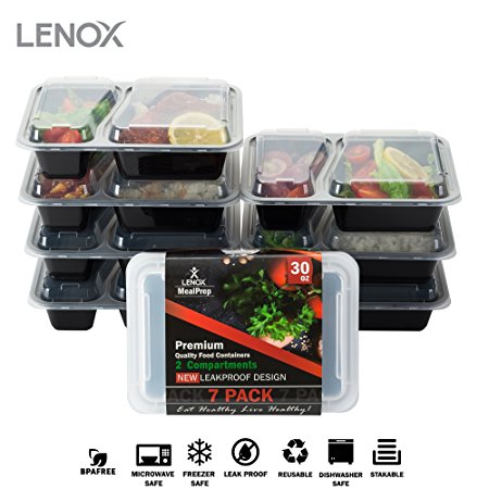 Food Storage Container 7-PACK Meal Prep Container Leak proof Lunch Containers Meal Prep Container Bento Box Container Airtight Lids Dishwasher Microwave SAFE Plastic Food Container 2 Compartments 30oz