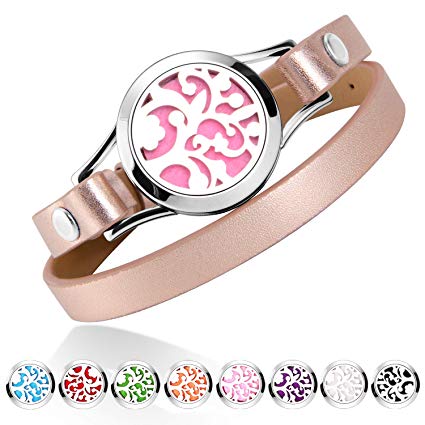 Conor Essential Oil Bracelets, Aromatherapy Bracelet Jewelry Leather Band with 8 Colour Refill Pads Unique Gifts for Women, Stainless Steel Essential Oil diffuser Bracelet (Rose Gold)