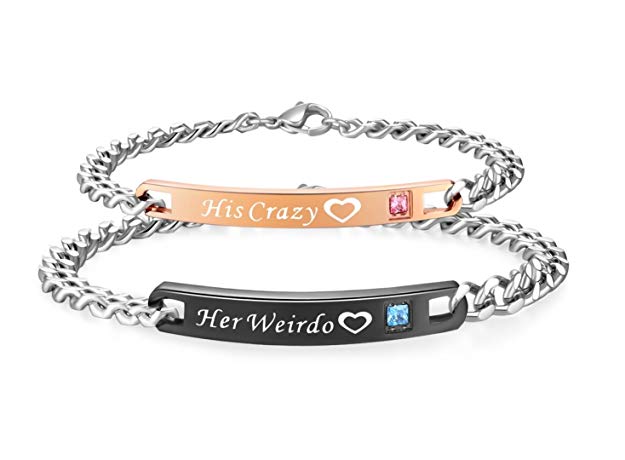 SunnyHouse Jewelry His & Hers Matching Set Titanium Stainless Steel His Crazy Her Weirdo Couple Bracelet in a Gift Box