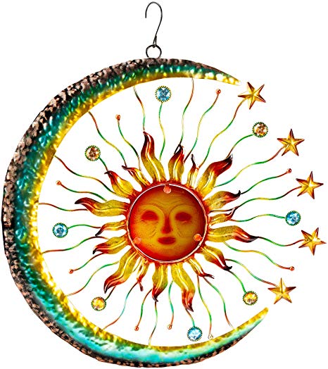 The Paragon Sun Face Accented by Stars and Moon, Glass Sun Wall Art Indoor or Outdoor Home Decor