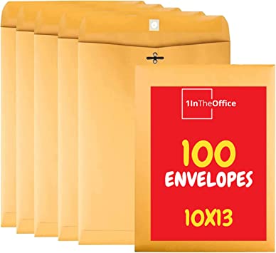 1InTheOffice Manila Envelopes 10x13, Kraft Envelopes #97, Self Seal Envelope, Clasp, Manila, 100 Pack