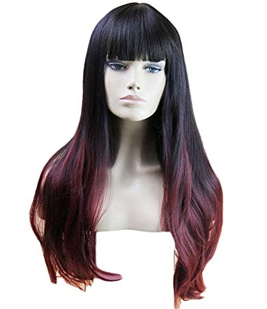 VIMIKID 28 inches Women’s Silky Long Straight Wig Heat Resistant Synthetic Wig With Bangs Human Hair Party Cosplay Wig (black& wine red)