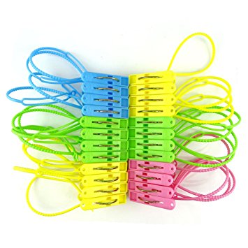 HONBAY 24 Pcs Clothes Peg Clip Pins Hanging Clips Hooks with Rope Clothesline Windproof Hanger (Multicolor)