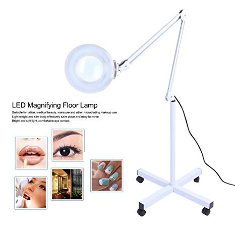 Magnifying Lamp, 5X Magnifying Light Illuminated Light Skincare Tattoo Manicure Beauty Makeup Light with Rolling Wheel Stand (5X White)