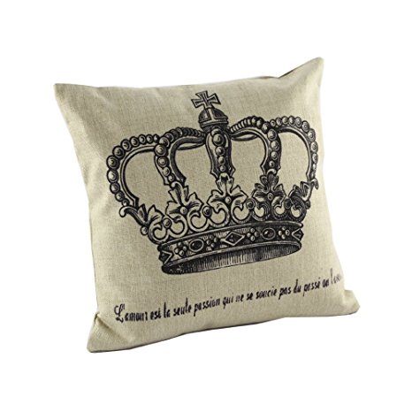 Createforlife Home Decorative Cotton Linen Square Pillowcase Vintage Paris King Crown Throw Pillow Shams Cushion Cover 18"