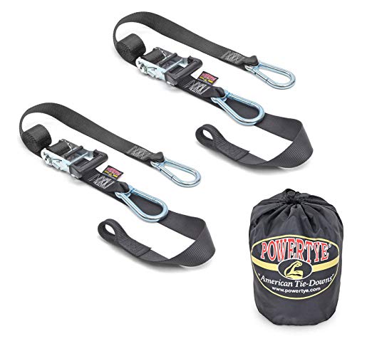 PowerTye 1½" x 6½ft Heavy-Duty Ratchet Tie-Downs, Made in USA with Soft-Tye and Carabiner Hooks   Storage Bag, Black/Black (pair)