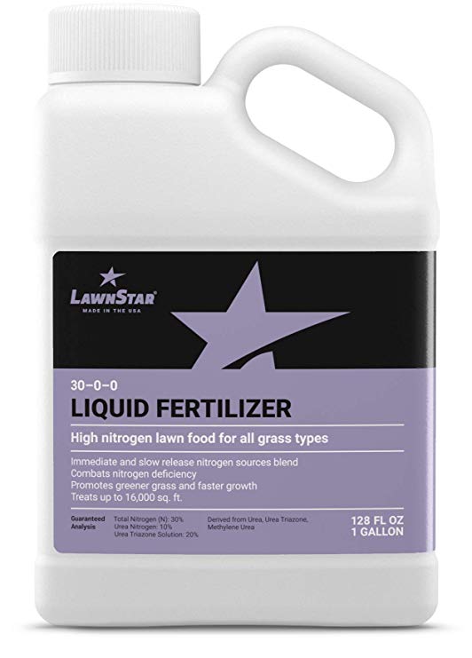 LawnStar 30-0-0 NPK Fertilizer (1 Gallon) - Grass Grows Greener & Faster - Liquid Lawn Food w/Slow Release Nitrogen - High Nitrogen Premium Blend, Treats Deficiency, All Grass Types - American Made