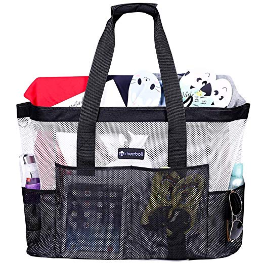 cherrboll XXL Mesh Beach Pool Bag Tote Lightweight with Zipper 8 Large Pockets Solid Base (Black & White)