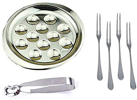 MBB Escargot Dining Set 12 Compartment Holes Snail Plate Tong 4 Forks Stainless Steel