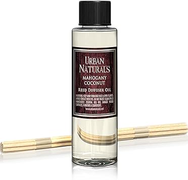 Urban Naturals Mahogany Coconut Reed Diffuser Refill Oil | Mahogany, Coconut, Sandalwood, Vanilla & Oakmoss | Made with Essential Oils | Includes a Free Set of Reed Sticks! 4 oz Made in The USA