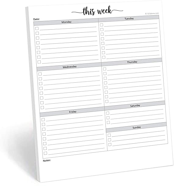 321Done Weekly Checklist Planning Pad - 50 Sheets (8.5" x 11") - This Week to Do Notepad Tear Off, Desktop Planner Large Letter-Size - Made in USA - Simple Script