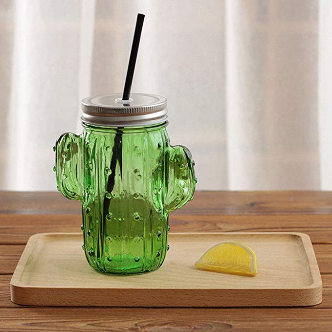 ZOOARTS Creative 3D Cactus Glass Mason Jar Mug with Lid and Straw Cold Drink Smoothie-for Girlfriend Xmas Gifts (Green)