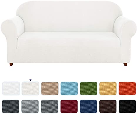 subrtex 1-Piece Granule Jacquard Sofa Slipcover High Stretch Spandex Armchair Loveseat Fashion Furniture Protector for Settee, Washable Reusable Elastic Cushion Cover (Large,Off-White)
