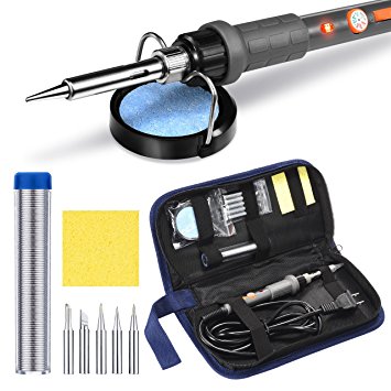 PICTEK Soldering Iron Kit, Temperature Adjustable Electric Welding Tool with 5pcs Soldering Tips, Tip Cleaner Holder Stand and Solder Wire, 60W 110V