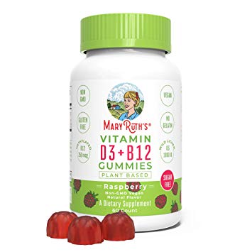 Vegan Vitamin D3 B12 Gummy (Sugar Free) Plant-Based by MaryRuth's | Made w/Organic Ingredients Non-GMO Gluten Free for Men Women & Kids 1000 IU D3 | 250 mcg B12-methylated 60 Count (Raspberry)