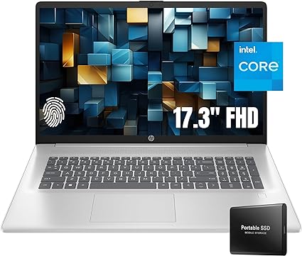 hp 17.3" Display Flagship FHD Laptop, 16GB RAM, 1TB Space(512GB SSD 500GB Portable Hard Drive), 8-Core Intel i3-N305(Up to 3.8GHz), Fullsize Keyboard, WiFi 6, Fingerprint Reader, Windows 11, Silver