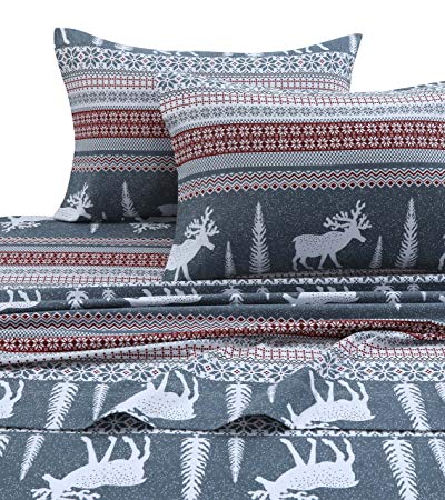 Tribeca Living WIRE170SHEETQU Winter Reindeer Flannel Deep Pocket Sheet Set, Queen,