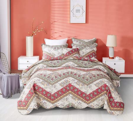 DaDa Bedding Bohemian Patchwork Bedspread - Rustic Cranberry Sage Chevron Floral Quilted Coverlet Set - Scalloped Edges Multi-Colorful Orange Red Green & Ivory White Background - Queen - 3-Pieces