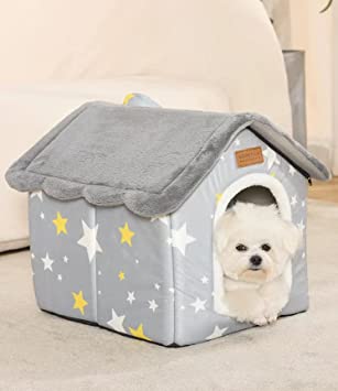 SEAHOME Foldable Dog House Kennel Bed Mat for Indoor Pets,Enclosed Warm Plush Sleeping Nest Bed with Removable Cushion,Covered Small Pet Condos Indoor Cat Hideaway (L, Grey)