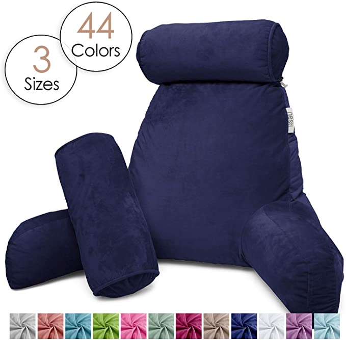 Nestl Reading Pillow, Includes 1 Extra Large Bed Rest Pillow with Arms   2 Detachable Pillows - Premium Shredded Memory Foam TV Pillow, Neck Roll & Lumbar Support Pillow - Set of 3 - Navy Blue