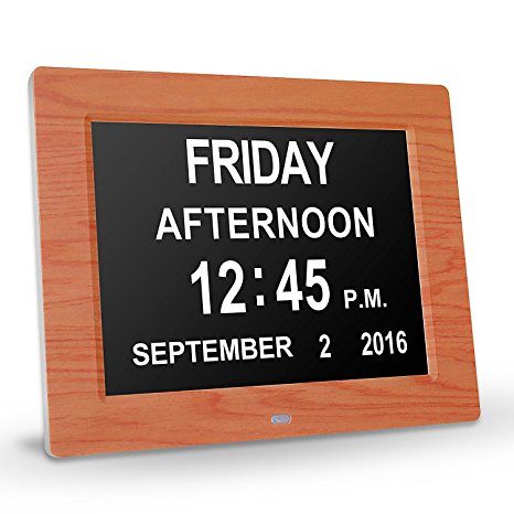 ChiTronic Day Clock Digital Calendar with Extra Large Non-Abbreviated Date Time Display - Perfect for Seniors Memory Loss People Dementia Alzheimer's - New Package (Wood Drain)