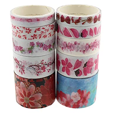 E-outstanding Cherry Washi Tape 10PCS Cherry Flower Blossom Washi Tapes Floral Plant Pattern Decoration Tape for DIY Crafts, Scrapbooks, Diaries, Planners, Party Decorations, Sakura Decoration Tape