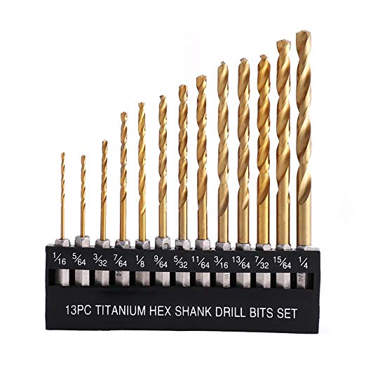 COMOWARE Twist Drill Bit Set Titanium Coated- 13 Pcs Hex Shank High Speed Steel for Steel Wood Plastic Aluminum Alloy, 1/16"-1/4"